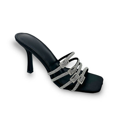 Crystal Multi Buckle Heels Black, capturing square Toe Design