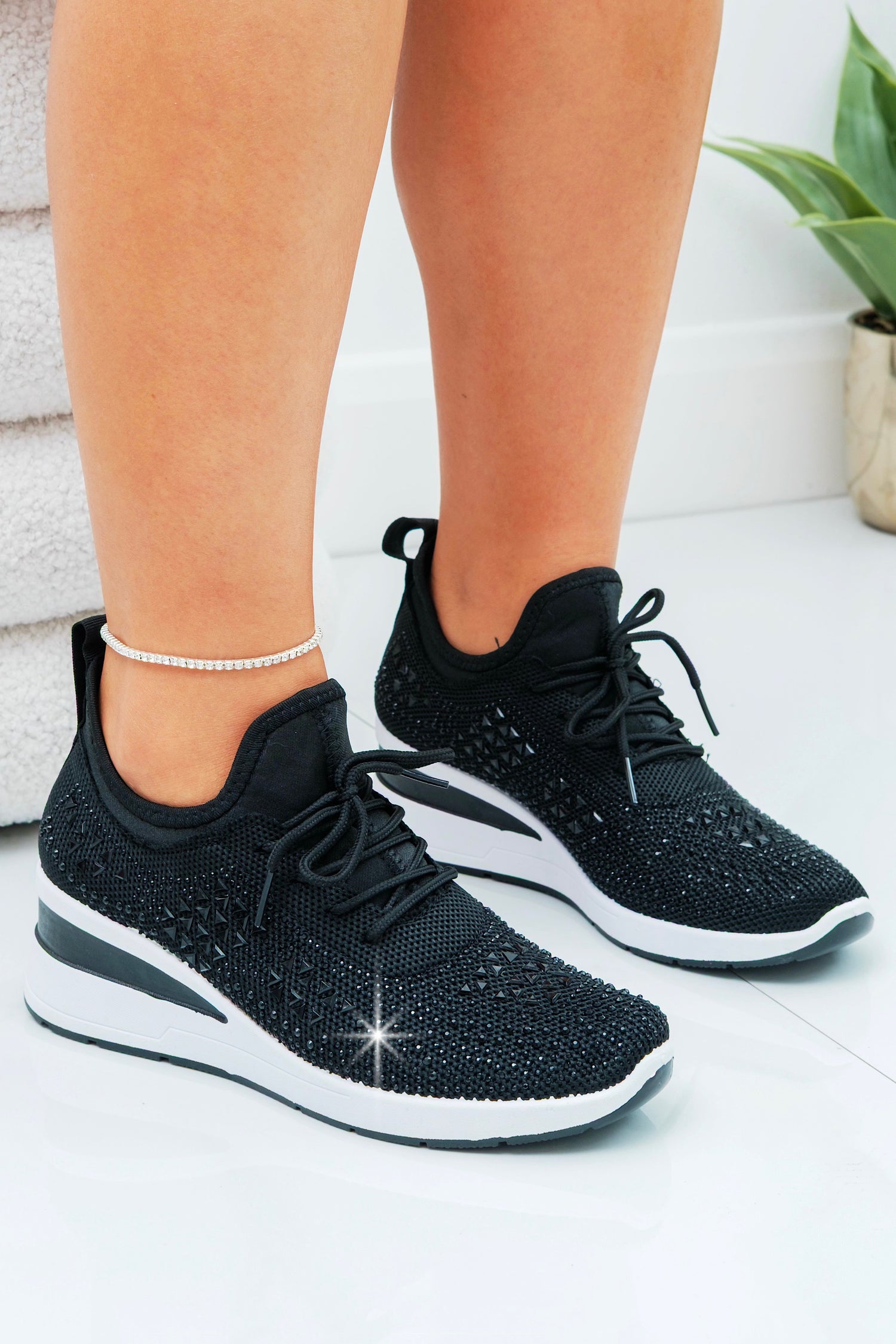 Crystal Stretch Comfort Wedge Trainers Black