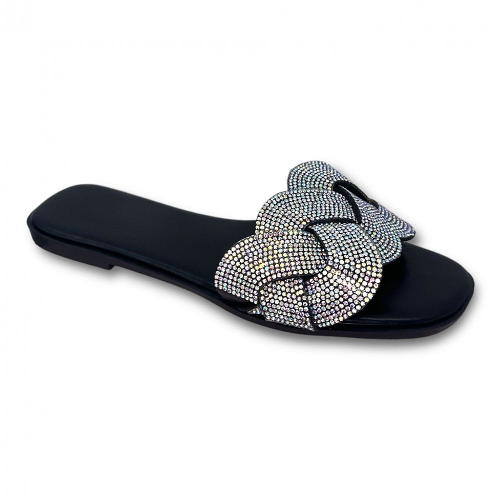 Crystal Infinity Sliders Black, featuring rounded Toe Design