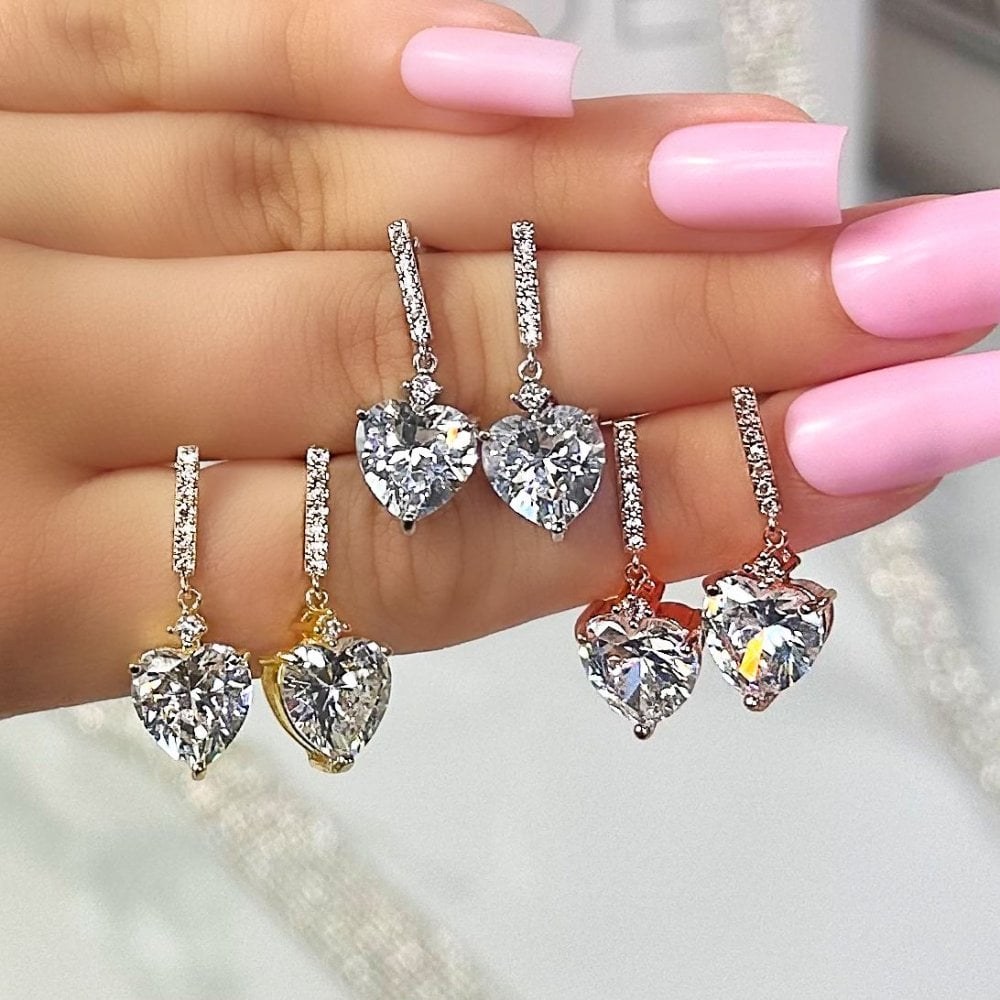 Crystal Dangly Heart Earrings, with emphasis on crystal Heart Drop Down Design