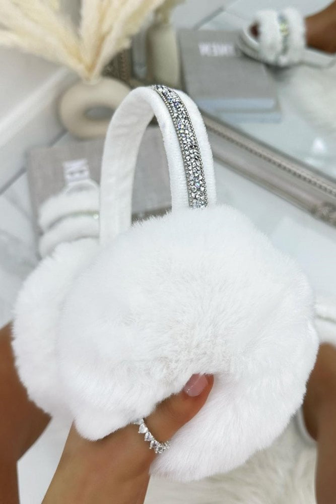 Sparkly Crystal Fluffy Faux Fur Ear Muffs White