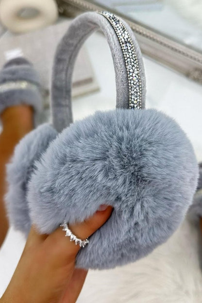 Sparkly Crystal Fluffy Faux Fur Ear Muffs Grey