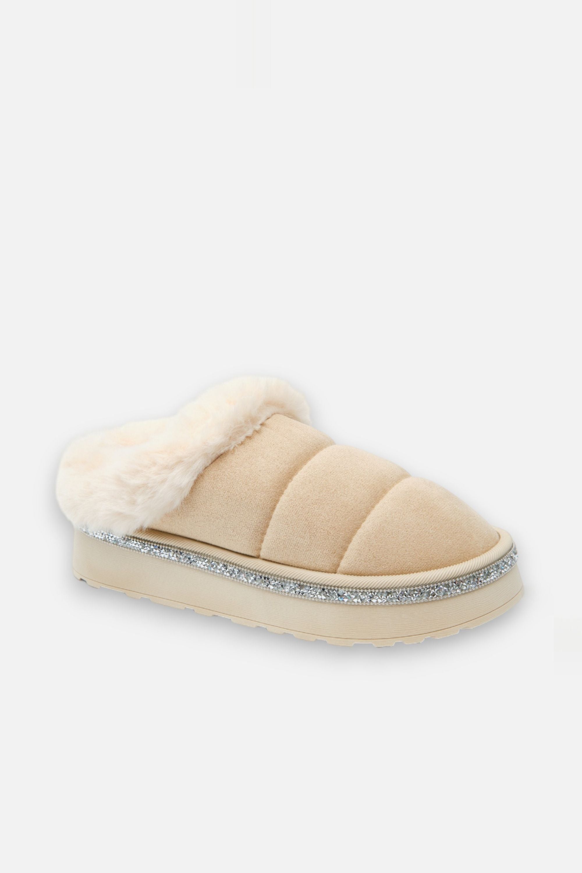Crystal Trim Soft Touch Slippers Nude, featuring quilted faux suede