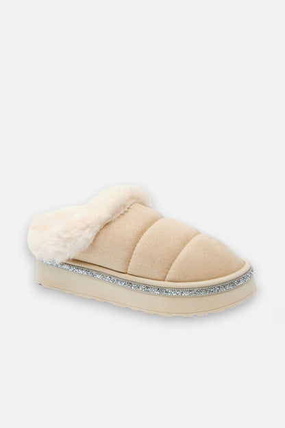 Crystal Trim Soft Touch Slippers Nude, featuring quilted faux suede