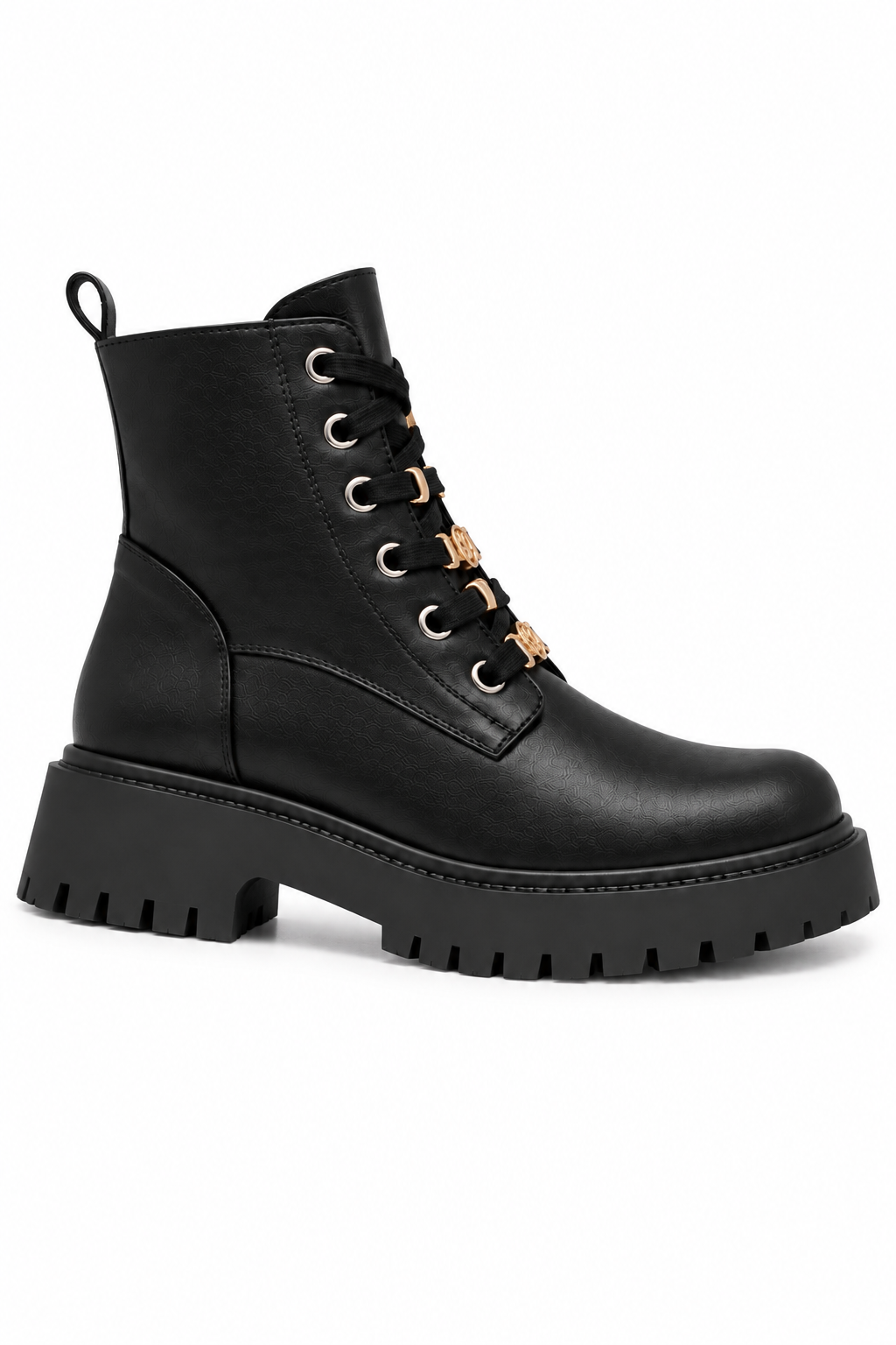 Cleo Luxe Gold Detail Leather Look Chunky Lace Up Ankle Boots Black