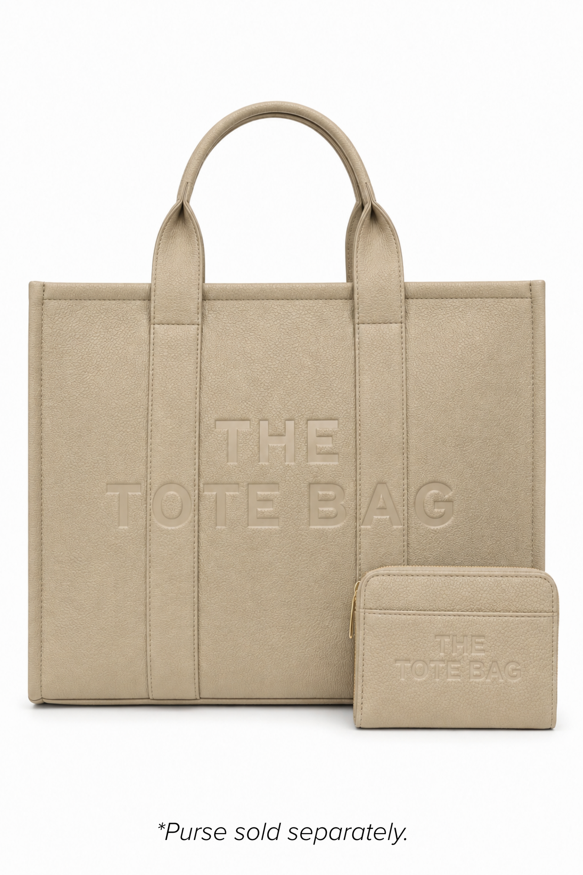 Beige faux leather structured tote bag with two rounded top handles, embossed. "THE TOTE BAG" lettering on the front, vertical stitched panels, contrast edging and gold- tone stud details. With beige-tone tote purse pictured in front of bag. 