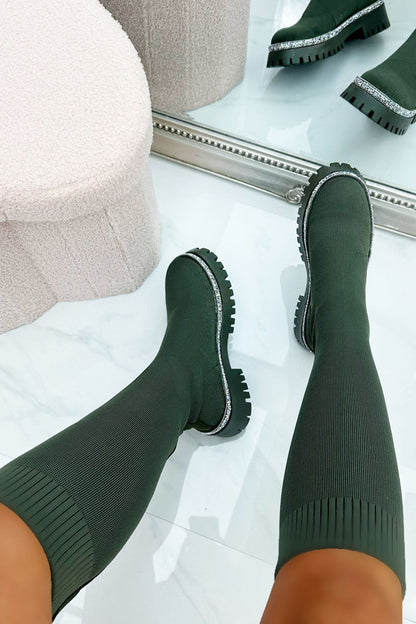 Sparkly Calf Stretch Sock Boots Khaki, highlighting sock Boots