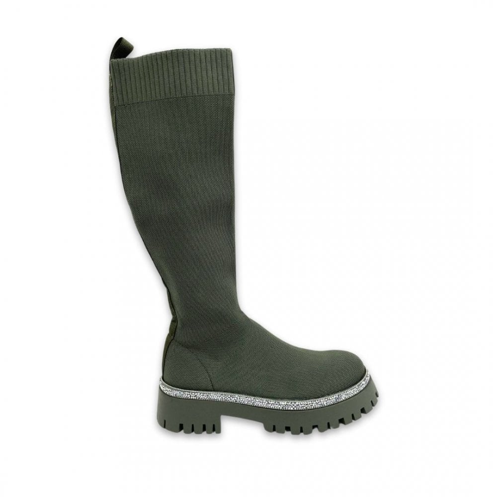 Sparkly Calf Stretch Sock Boots Khaki, showing chunky Sole