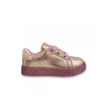 Little Lemmy Shimmer Trainers Pink, shown from another angle