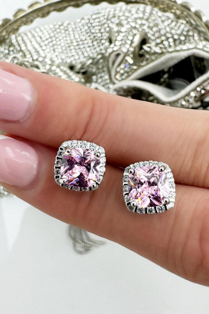 Crystal Square Cut Stud Earrings Pink with square cut style