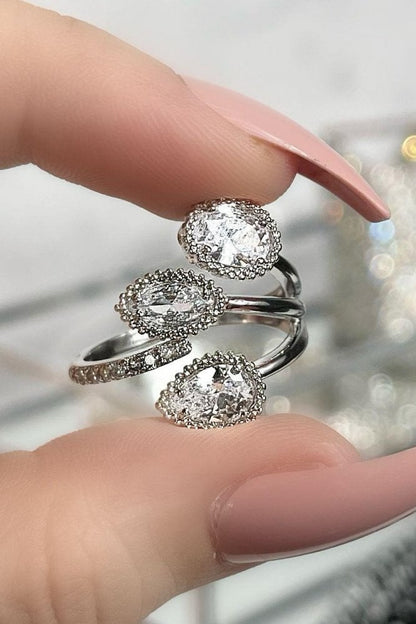 Crystal Triple Teardrop Ring Silver, shown from another angle