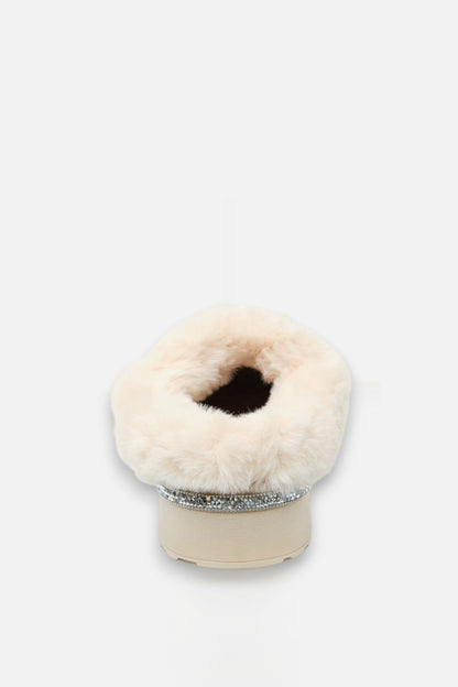Crystal Trim Soft Touch Slippers Nude, featuring plush faux fur for next-level warmth