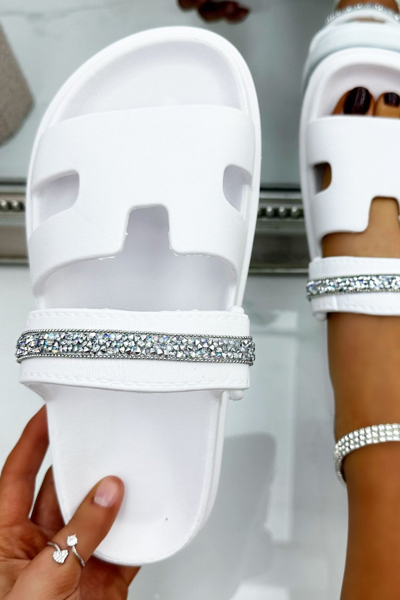 Crystal Halo Double Strap Sliders White
