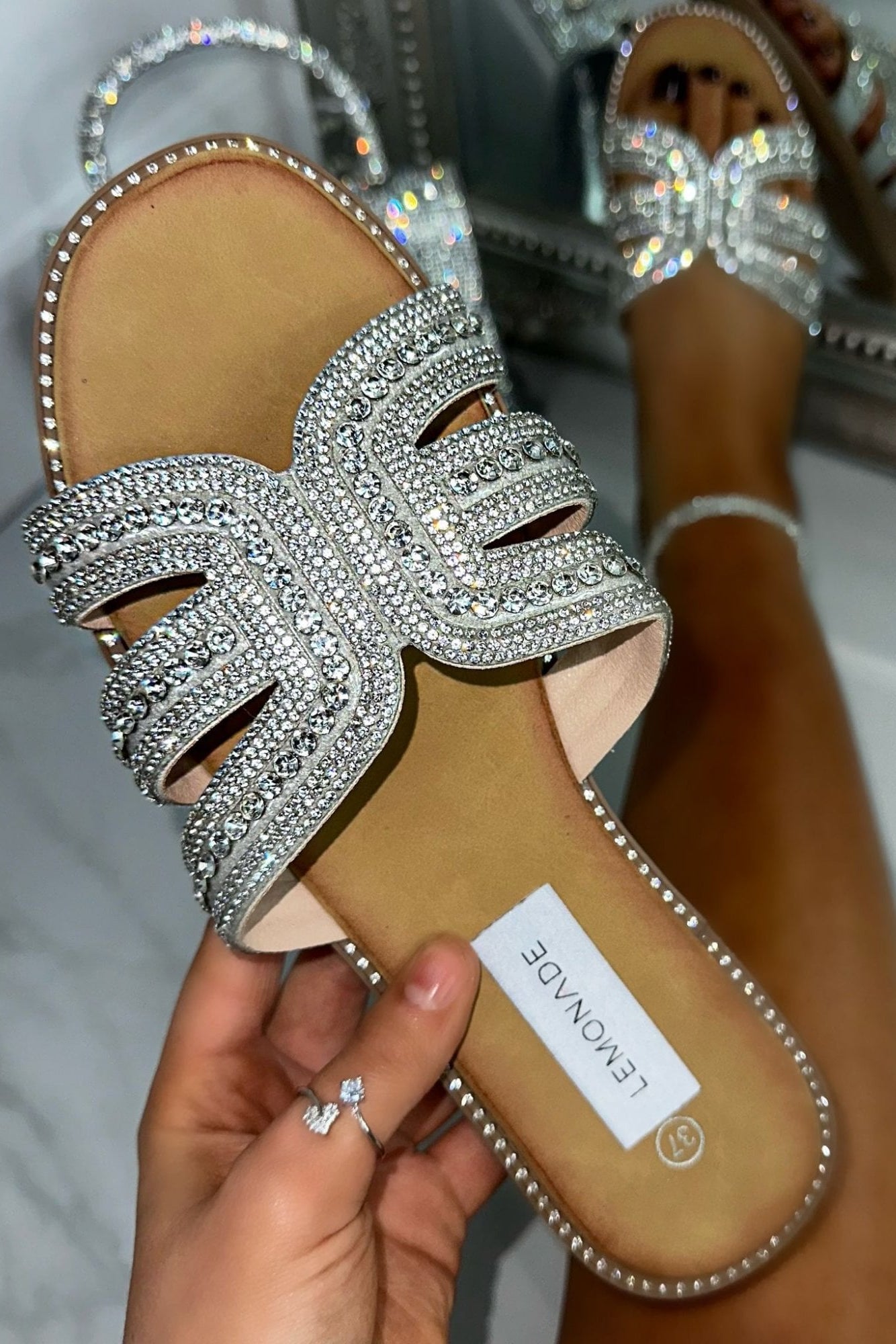 Crystal Diva Cut Out Sliders Silver finished with lightly cushioned footbed