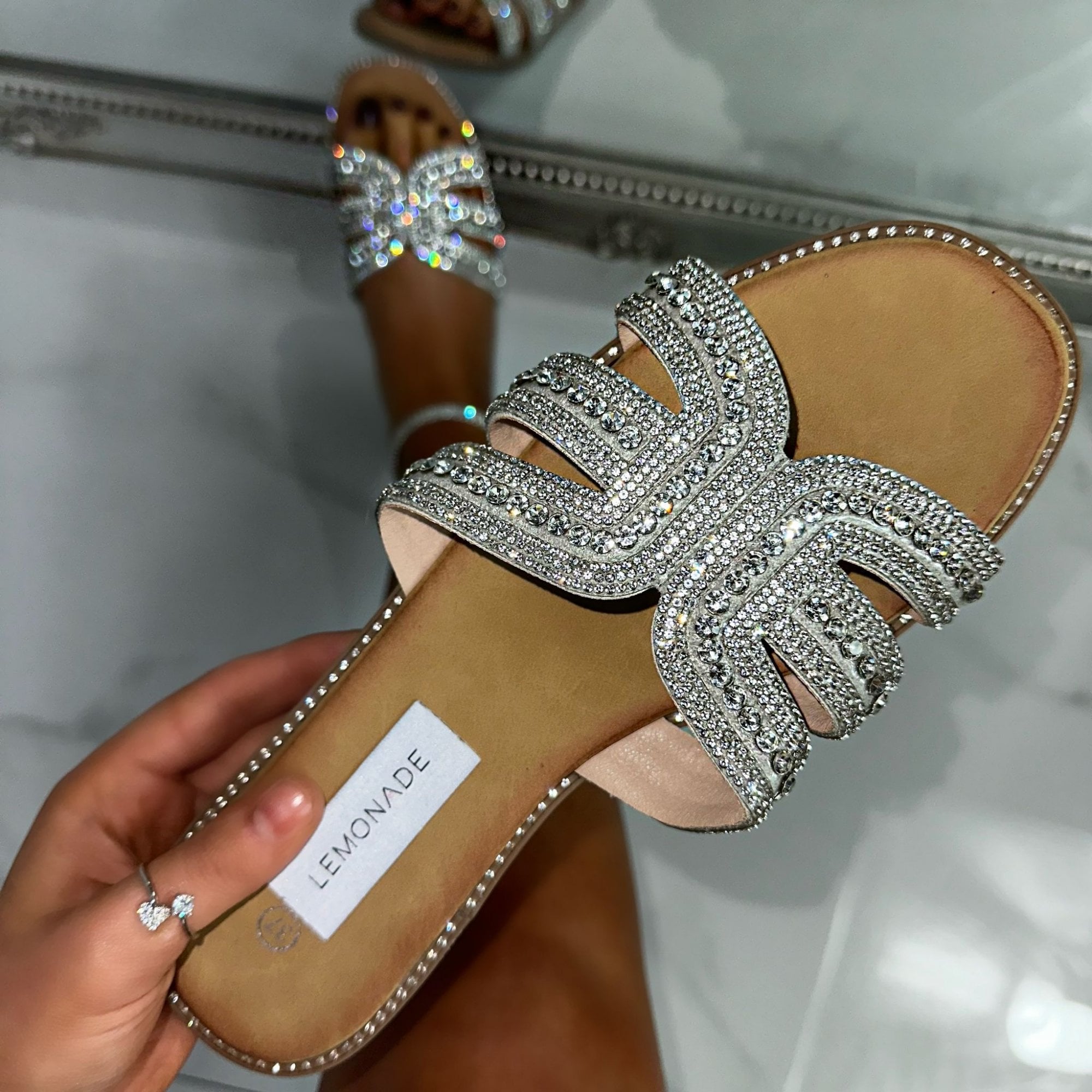 Crystal Diva Cut Out Sliders Silver, highlighting sparkly crystal embellishments