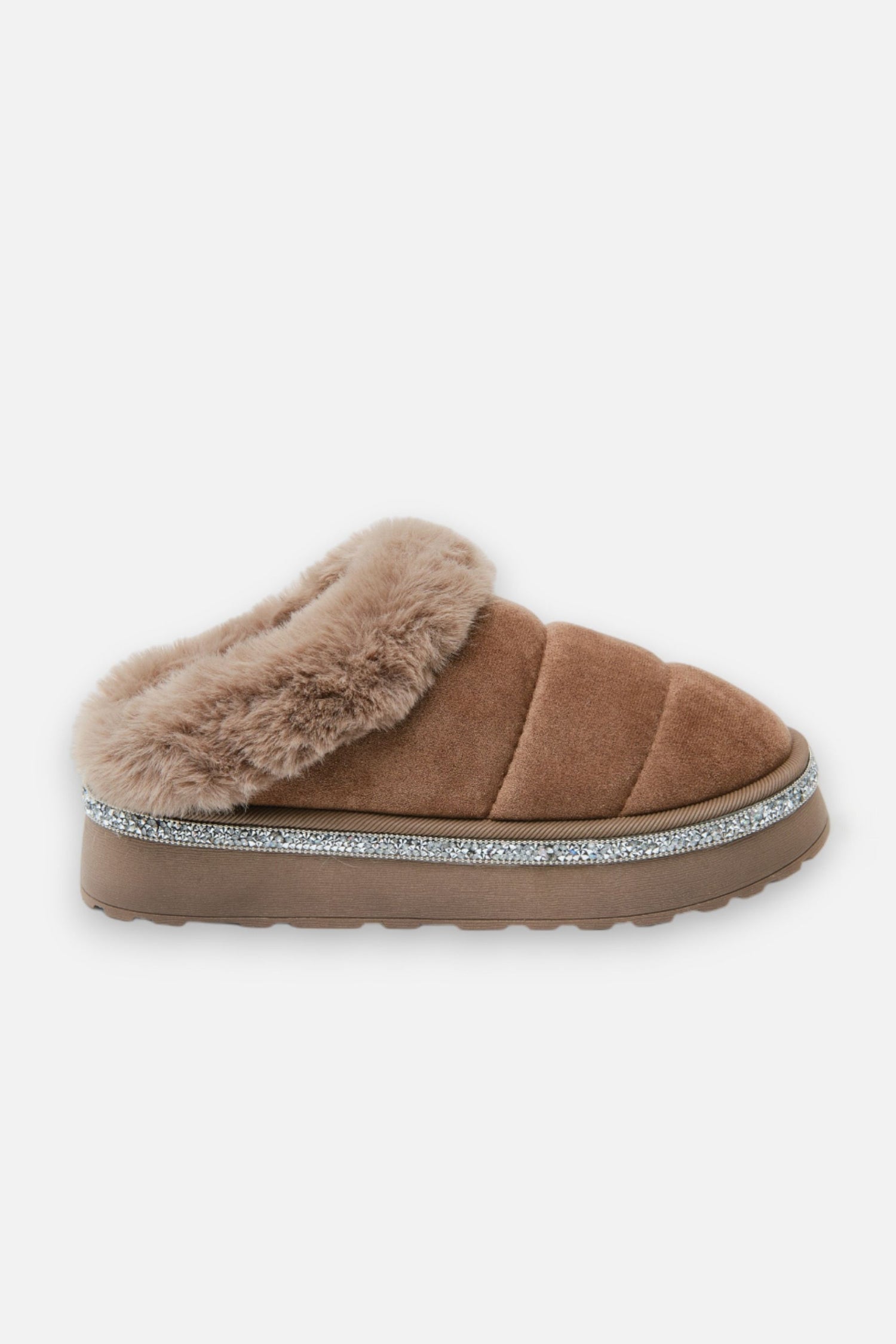 Crystal Trim Soft Touch Slippers Brown, with emphasis on plush faux fur for next-level warmth