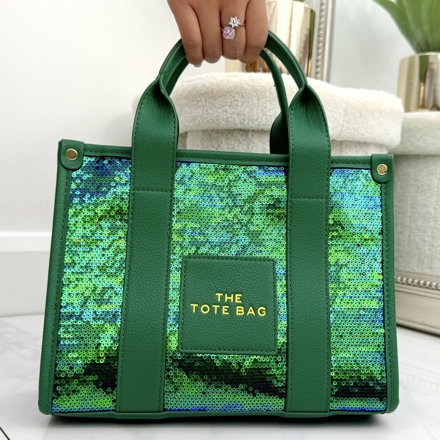 Glitter Twinkle Medium Tote Bag Peacock Green, showing zip closure