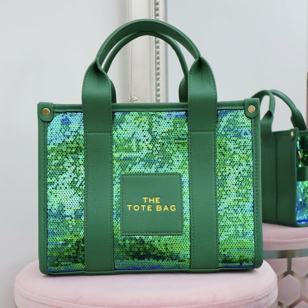 Glitter Twinkle Medium Tote Bag Peacock Green, showcasing dimensions - approx 20cm tall, 27cm wide, 9.5cm deep