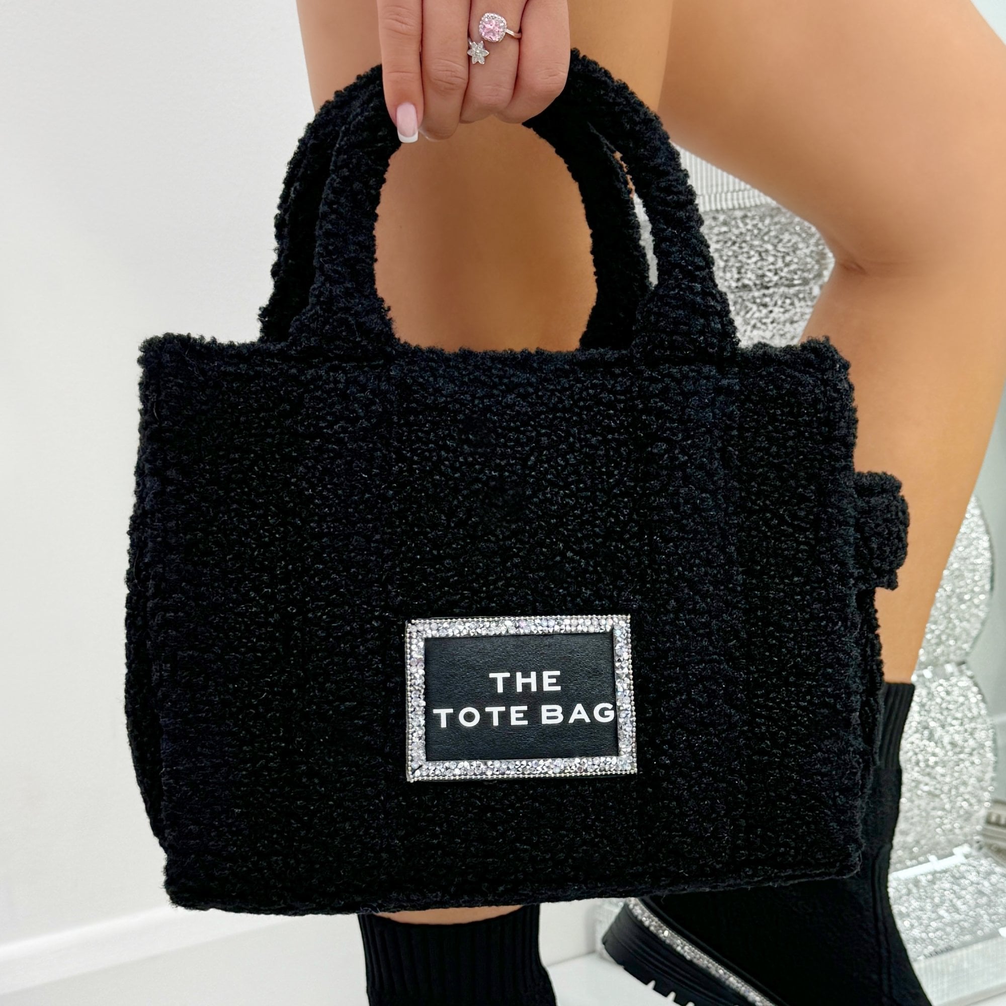 Crystal Trim Teddy Medium Tote Black, with emphasis on dimensions - approx 20cm tall, 27cm wide, 9.5cm deep