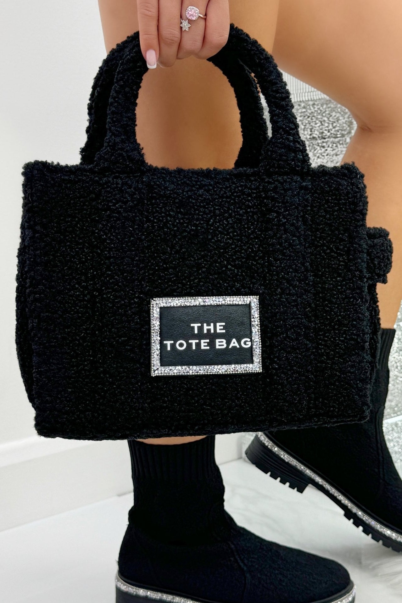 Crystal Trim Teddy Medium Tote Black featuring medium Size