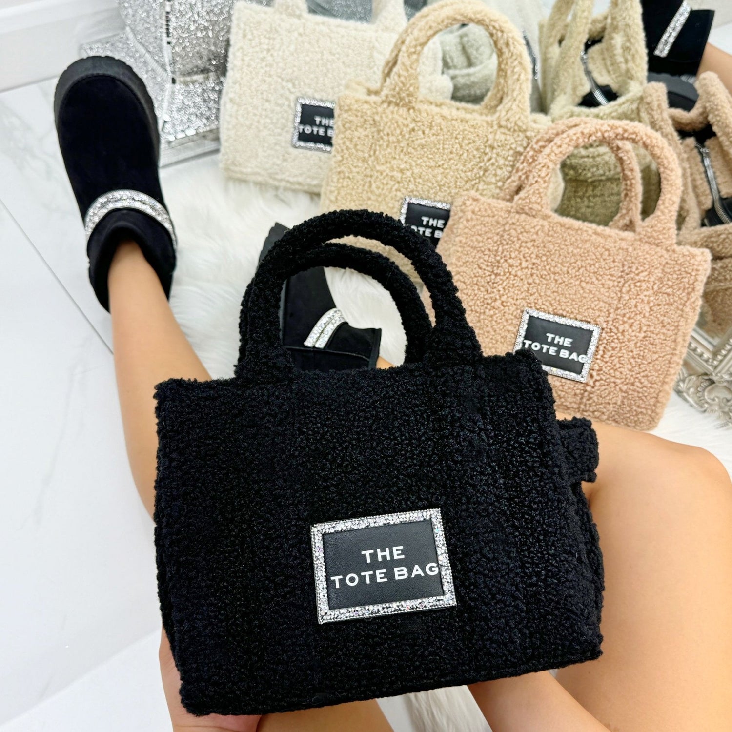 Crystal Trim Teddy Medium Tote Black, showing zip closure