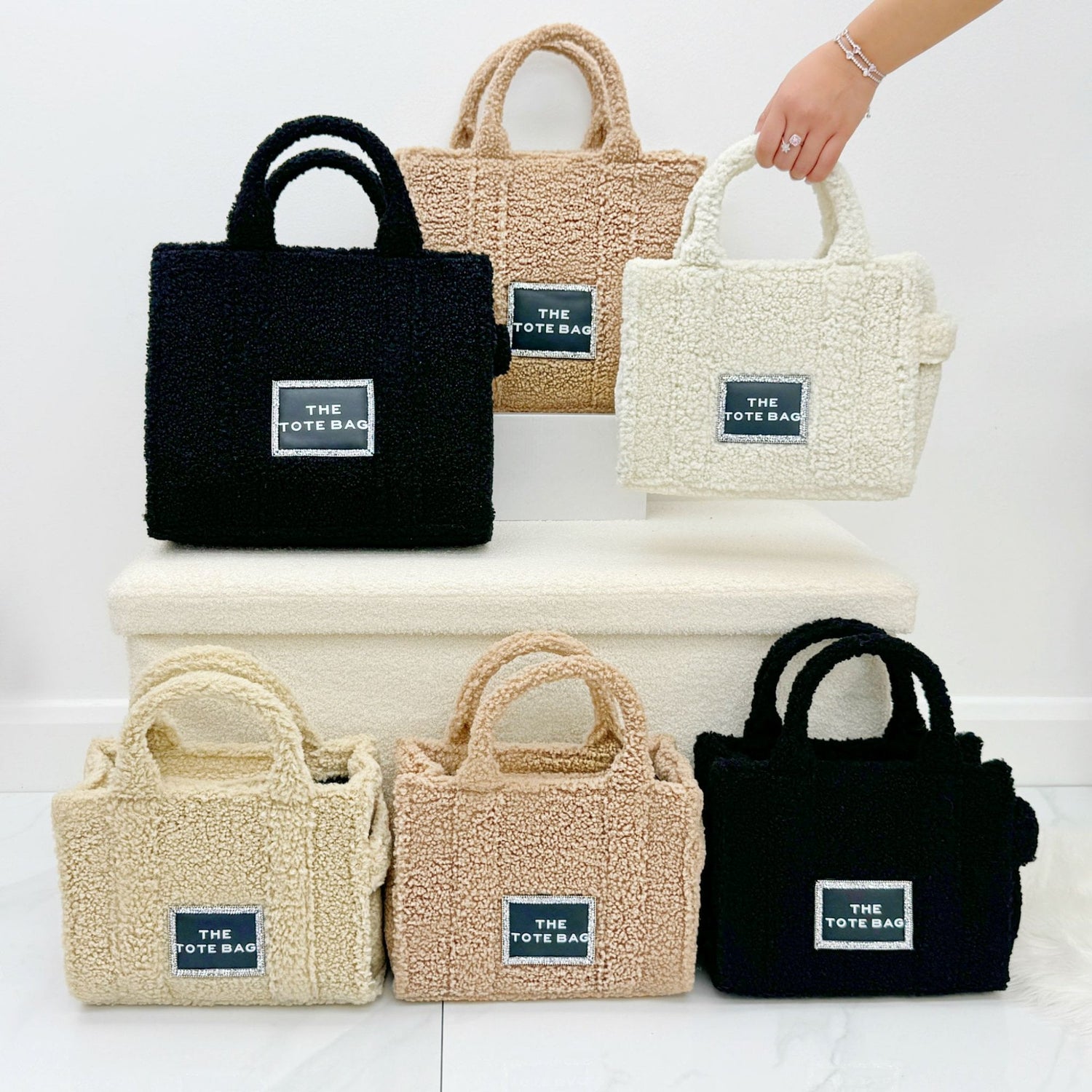 Crystal Trim Teddy Medium Tote Mocha, showing zip closure