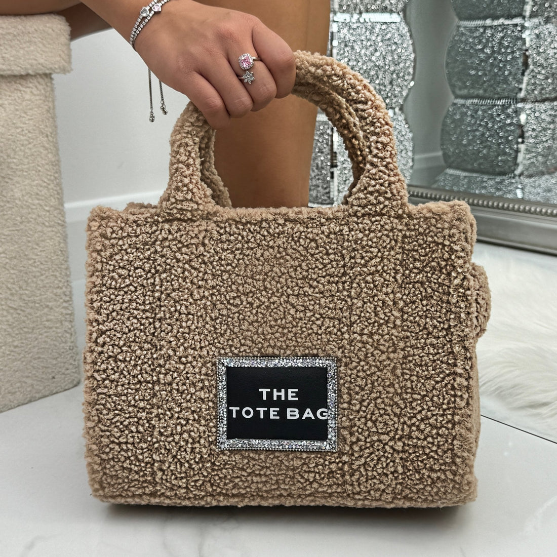 Crystal Trim Teddy Medium Tote Mocha, showcasing dimensions - approx 20cm tall, 27cm wide, 9.5cm deep