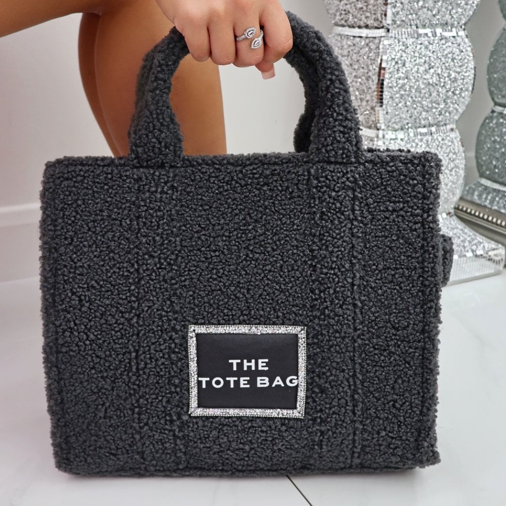 Crystal Trim Teddy Large Tote Grey designed with large Size