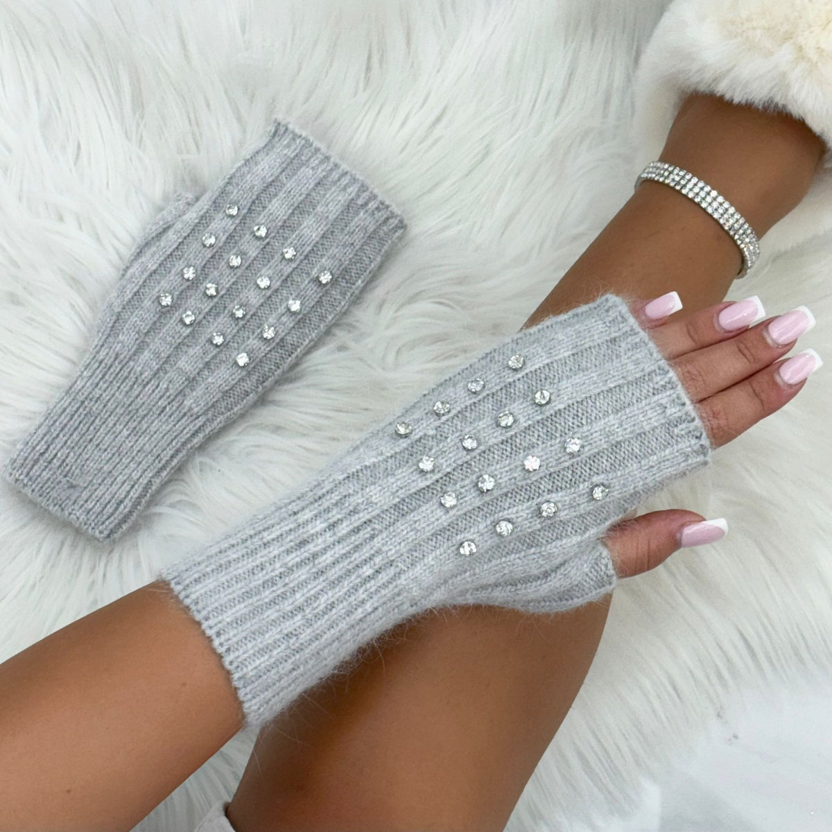 Crystal Luxe Fingerless Gloves Grey designed with luxury Hand Knitted Fingerless Gloves