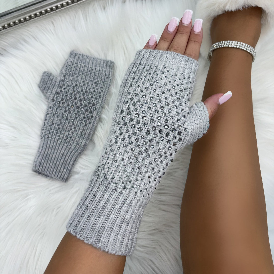 Crystal Droplet Sparkly Fingerless Gloves Grey with genuine crystal embellished