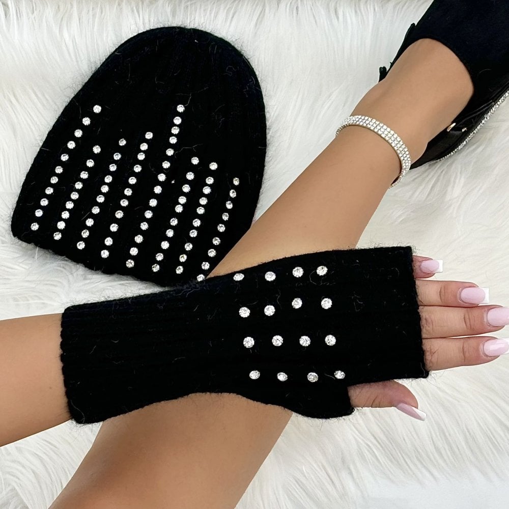 Crystal Luxe Fingerless Gloves Black designed with luxury Hand Knitted Fingerless Gloves