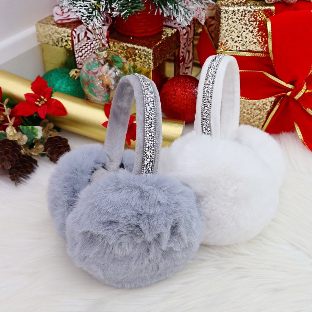 Sparkly Crystal Fluffy Faux Fur Ear Muffs Grey, shown from another angle