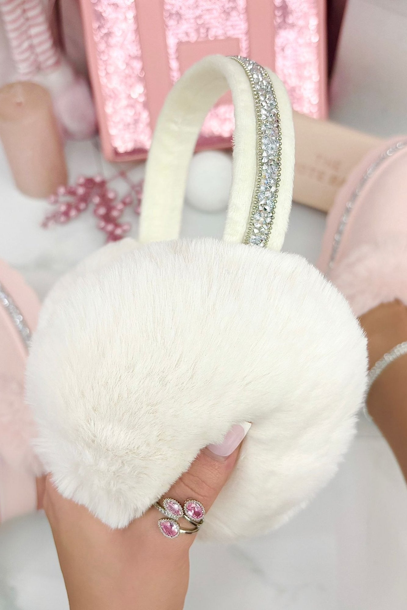 Sparkly Crystal Fluffy Faux Fur Ear Muffs Cream finished with available in Black, White, Pink, Grey, Cream and Coffee