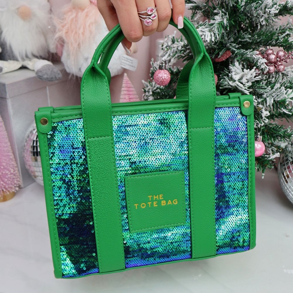 Glitter Twinkle Medium Tote Bag Peacock Green, featuring inside pocket
