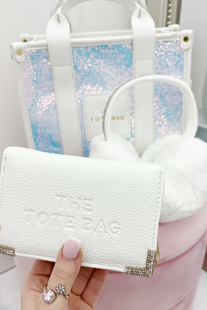 Winter White Limited Edition Ear Muffs, Sparkly Tote Bag &amp; Purse Bundle with lemonade Sparkly Crystal Fluffy Faux Fur Ear Muffs White