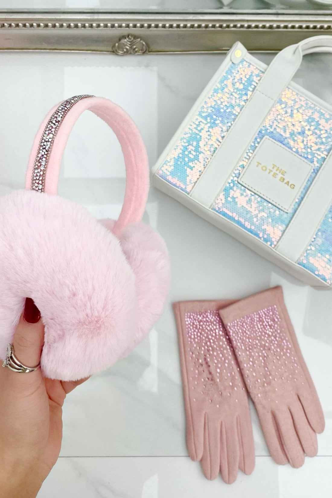 Frosted Pink &amp; Winter White Limited Edition Ear Muffs, Sparkly Tote Bag &amp; Shine Gloves Bundle designed with lemonade Sparkly Crystal Fluffy Faux Fur Ear Muffs White