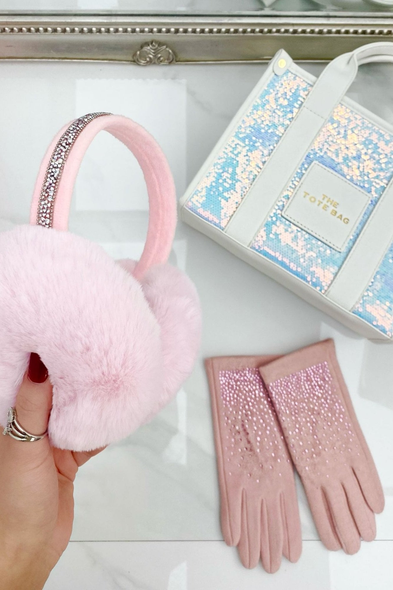 Frosted Pink &amp; Winter White Limited Edition Ear Muffs, Sparkly Tote Bag &amp; Shine Gloves Bundle designed with lemonade Sparkly Crystal Fluffy Faux Fur Ear Muffs White