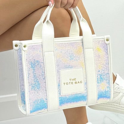 Frosted Pink &amp; Winter White Limited Edition Ear Muffs, Sparkly Tote Bag &amp; Shine Gloves Bundle, showcasing lemonade Glitter Twinkle Medium Tote Bag Christmas Edition Glow White