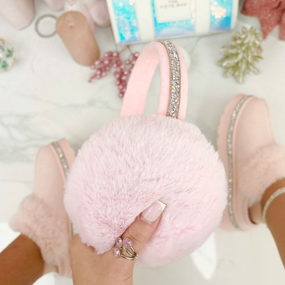 Frosted Pink &amp; Winter White Limited Edition Ear Muffs, Sparkly Tote Bag &amp; Shine Gloves Bundle, showing lemonade Sparkly Crystal Shine Gloves Baby Pink