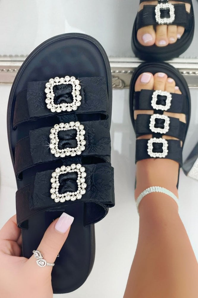 Crystal Buckle Triple Bow Sliders Black finished with slip on shoes