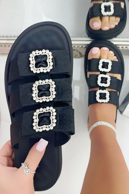 Crystal Buckle Triple Bow Sliders Black finished with slip on shoes