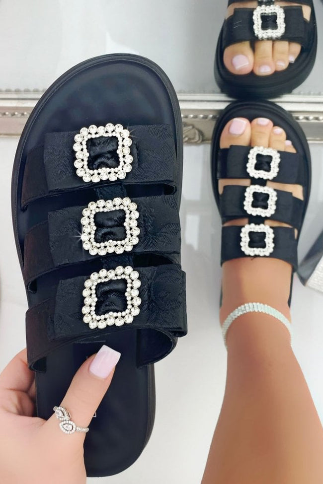 Crystal Buckle Triple Bow Sliders Black finished with slip on shoes