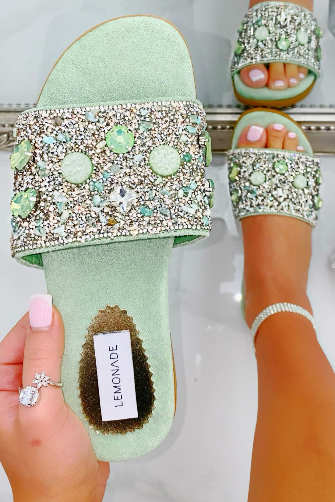 Sparkly Gem Sliders Green finished with crystal and gemstone embellished strap