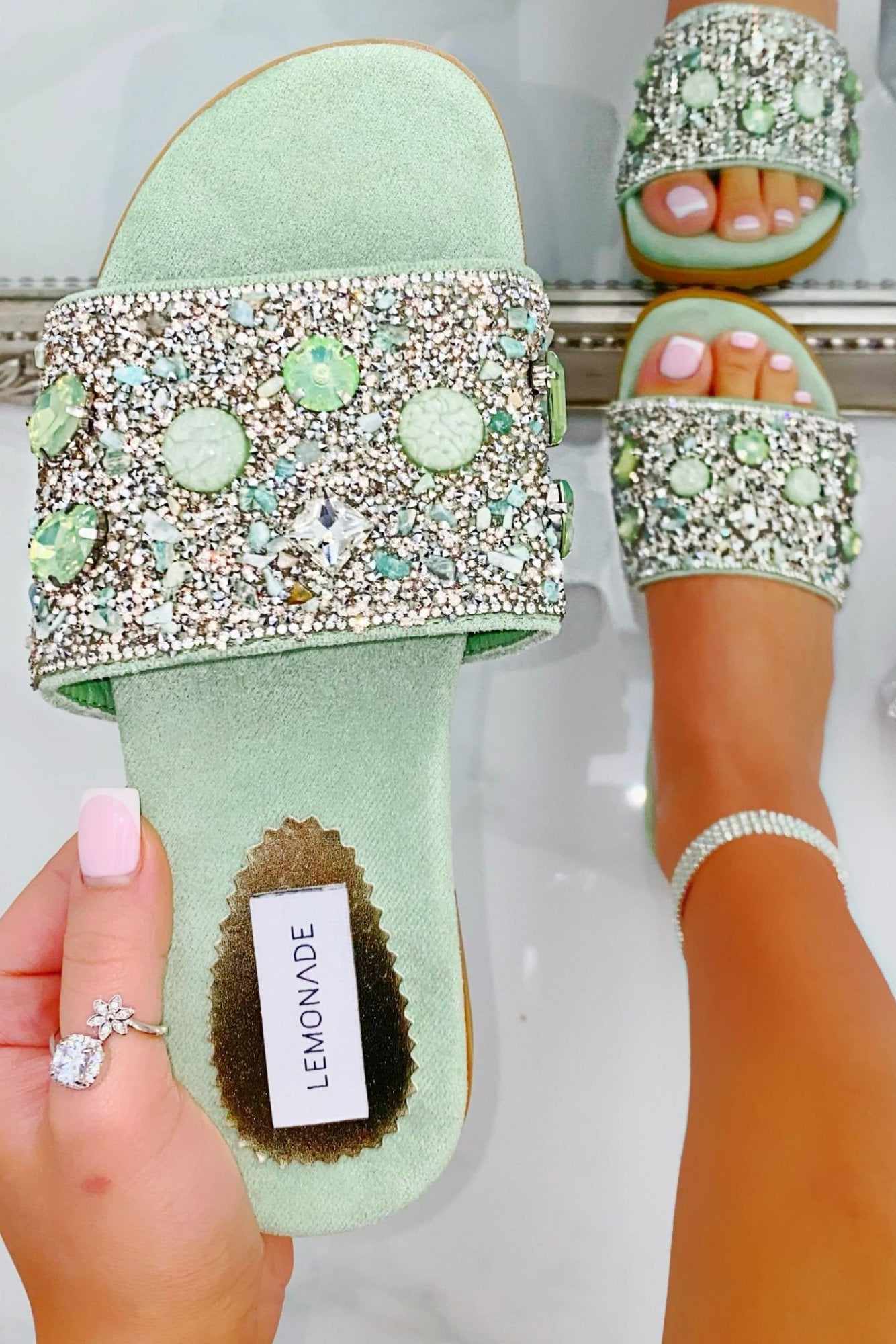 Sparkly Gem Sliders Green finished with crystal and gemstone embellished strap