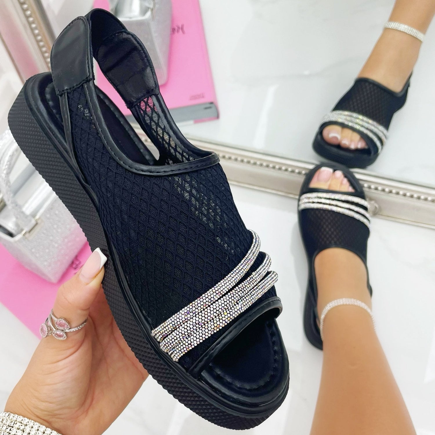 Crystal Bling Mesh Comfort Sandals Black, with a closer look at the design details
