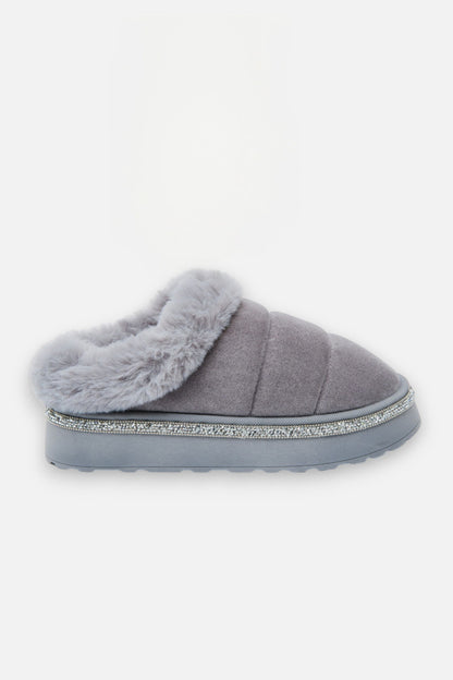 Crystal Trim Soft Touch Slippers Grey, showcasing plush faux fur for next-level warmth