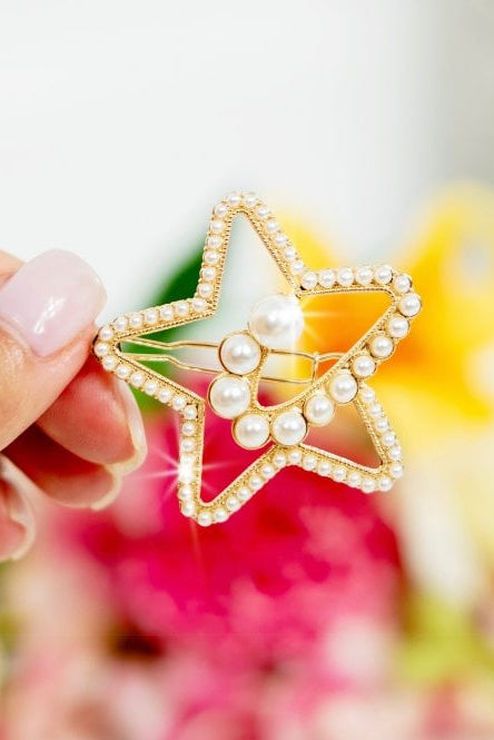 Sparkly Starstruck Pearl Hair Clip Gold designed with abstract star swirl with layered pearl accents