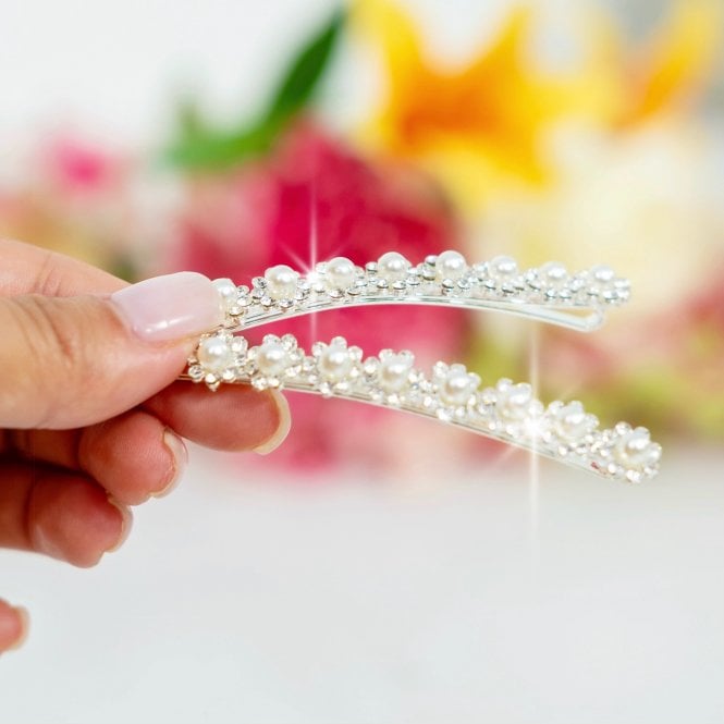 Crystal Pearl Meadow Twin Hair Slides Silver, highlighting crystal daisies with pearl centers