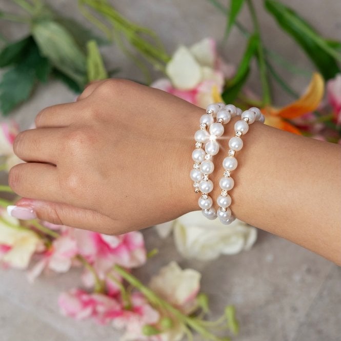 Crystal Enchanted Pearl Bangle Bracelet Gold, bringing attention to stretchable elastic band for a comfortable, flexible fit