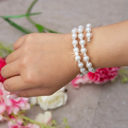 Crystal Enchanted Pearl Bangle Bracelet Silver, showcasing stretchable elastic band for a comfortable, flexible fit